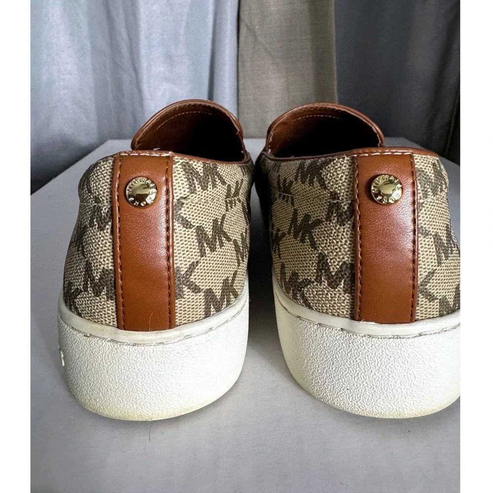 Michael Kors Womens MK Signature Logo Slip On Sneakers Tan Brown Sz 9